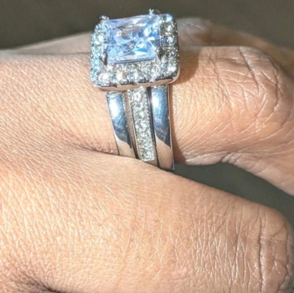 Womens 5ct Princess Cut Lab Created Diamond Halo Trio Wedding Ring Sz 7.5